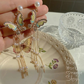 DAIIIBABYYY  -  Korean Fashion Pearl Long Drop Earring Jewelry  Needle Cute Butterfly Tassel Dangle Earrings for Women Accessories